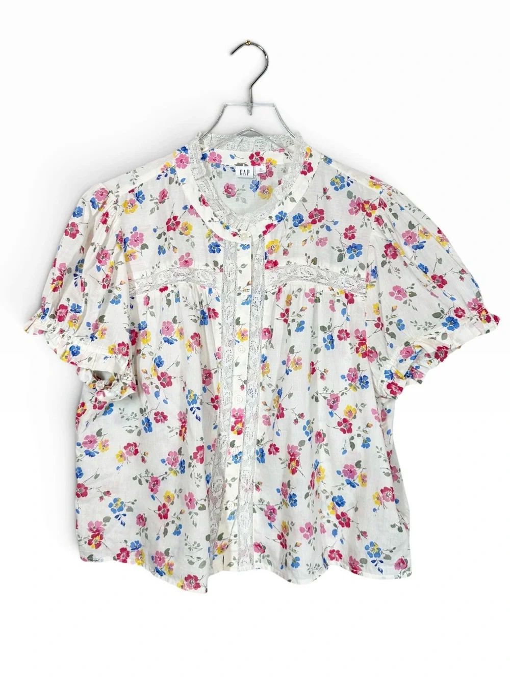 GAP Women's XL Floral Sheer Prairie Short Sleeve Blouse with Lace Details